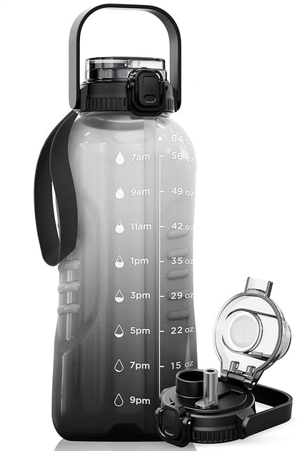 AQUAFIT 64 oz Water Bottle with Time Marker - 2in1 Straw &amp; Chug Lid - BPA Free Big Water Bottle with Straw - Gym Water Bottle with Strap - Water Jug (64 Ounces, Midnight Gray)