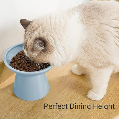 Extra Wide Elevated Ceramic Cat Food Bowl - 6.2" Shallow Dish for Whisker Fatigue Relief, 5" Height for Easy Feeding, Lead &amp; Cadmium Free, Durable Raised Cat Food Bowls, Blue