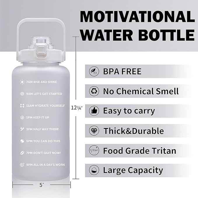 64oz,100oz,128oz Large Motivational Water Bottle with Time Marker, Leakproof &amp; BPA Free Half Gallon Big Water Bottle with Straw Handle Tritan Frosted Water Jug for Gym,Fitness,Outdoor Sports