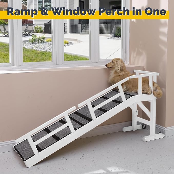 Dog Ramp for Bed or Couch, Wooden Pet Ramp with 20° Gentle Slope, Removable Side Rails, Non-Slip Surface, Top Platform &amp; Wheels, Safe Bed Ramp for Small, Medium &amp; Senior Dogs, 60" Long, White