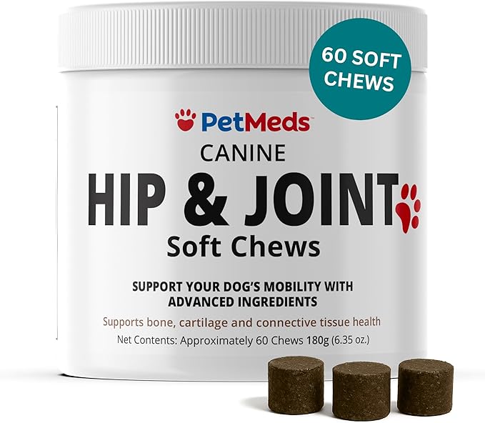 PetMeds Hip &amp; Joint Supplement for Dogs - Vitamins, Glucosamine, MSM, Chondroitin, Collagen for Joint Mobility &amp; Flexibility - Senior Dog Arthritis Support - Beef &amp; Sweet Potato Flavor - 60 Soft Chews