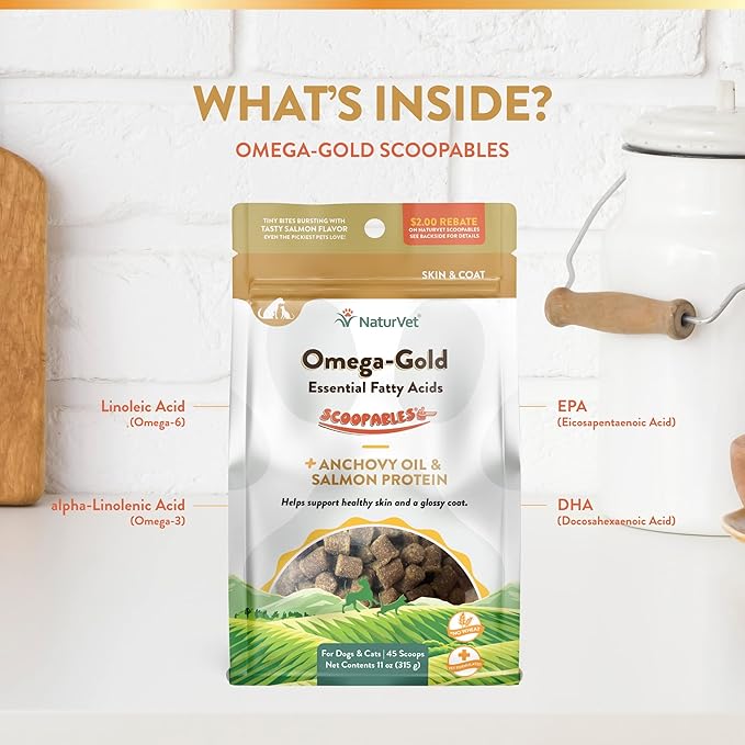 NaturVet Scoopables Omega-Gold Anchovy Oil &amp; Salmon Supplement For Dogs and Cats - Supports Healthy Skin &amp; Coat Plus DHA, EPA, Omega-3, &amp; Omega-6 - Anchovy &amp; Salmon Flavored For Dog and Cat | 11oz Bag