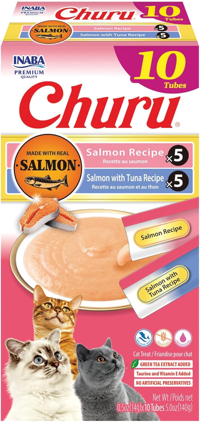 INABA Salmon Churu Cat Treats, Lickable, Squeezable Creamy Purée Cat Treat with Green Tea Extract &amp; Taurine, 0.5 Ounces Each Tube, 10 Tubes, Salmon &amp; Tuna Variety