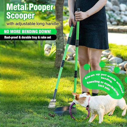 MXF Dog Pooer Scooper Set, 2 in 1 Pet Poop Scooper with Long Handle 28" Dog Poop Picker Upper and Stainless Metal Tray &amp; Rake for Medium &amp; Small Dogs, Heavy Duty for Grass, Dirt, Gravel