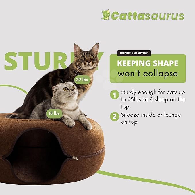 Cattasaurus Peekaboo Cat Cave for Multiple &amp; Large Cats Up to 30-45 Lbs, Scratch Detachable &amp; Washable Tunnel Bed, Comfy Donut Cat Cave (Brown, Jumbo)