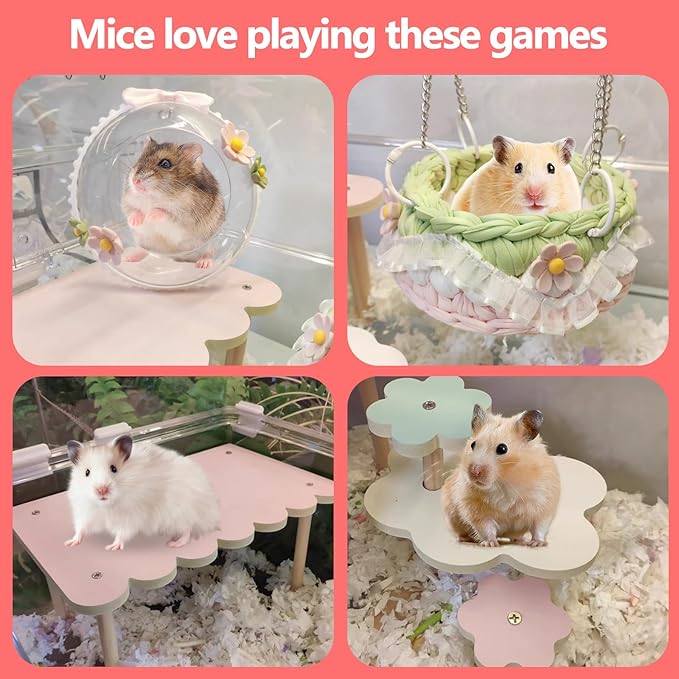 4-Pack Wooden Rat Cage Accessories - Platforms, Ladders &amp; Hammocks Set for Chinchillas, Hamsters, Gerbils (for Iron/Wooden, Acrylic Hamster Cages + Customizable Layout) (11x6.7x5.5)