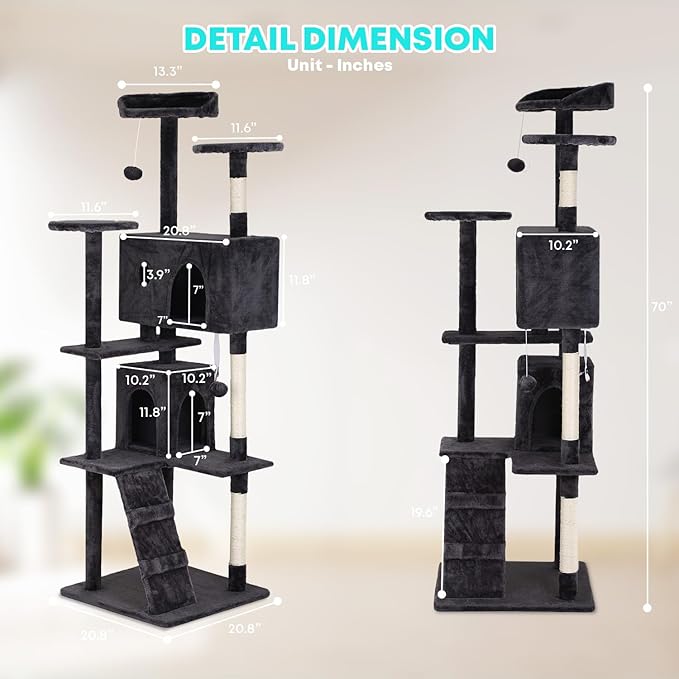 FDW Cat Tree 70in Cat Tower Multi-Level Durable Cat Scratching Post &amp; Cozy Fun Cat Jumping Platform Space Saving Cat Condo Pet Play House for Indoor Cats,Dark Gray