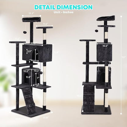 FDW Cat Tree 70in Cat Tower Multi-Level Durable Cat Scratching Post &amp; Cozy Fun Cat Jumping Platform Space Saving Cat Condo Pet Play House for Indoor Cats,Dark Gray