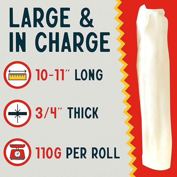 Canine Chews 10-11" Dental Coated Jumbo Rawhide Retriever Rolls (8 Pack) - Breath Freshening &amp; Long Lasting Dental Chews for Dogs Large Size - Teeth Cleaning Dog Treats for Aggressive Chewers