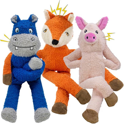 3 Pack No Stuffing Crinkle Squeaky Interactive Plush Dog Toys for Aggressive Chewers to Keep Puppy Busy for Boredom Small &amp; Medium Breeds Furry Friend Teething Orange Fox Pink Pig Blue Hippo
