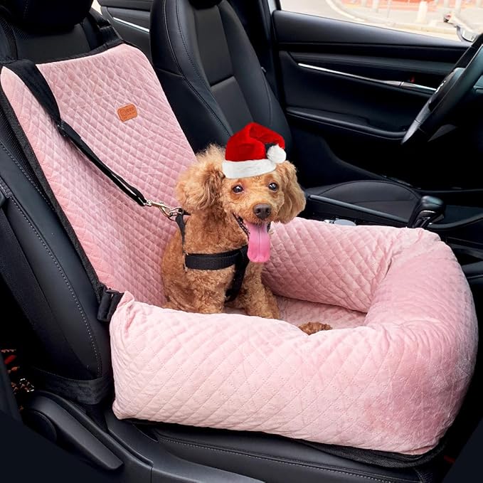 Dog Car Seat for Small Medium Dogs Up to 40lbs, Detachable Washable Soft Pet Booster Travel Bed for Front &amp; Pink Seat with Safety Leash Belt