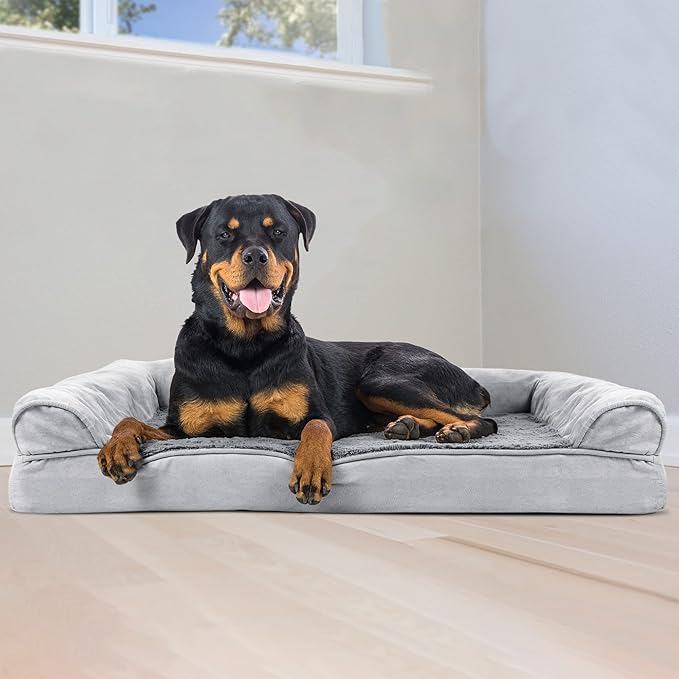 Furhaven Orthopedic Dog Bed for Large Dogs w/ Removable Bolsters &amp; Washable Cover, For Dogs Up to 95 lbs - Plush &amp; Suede Sofa - Gray, Jumbo/XL