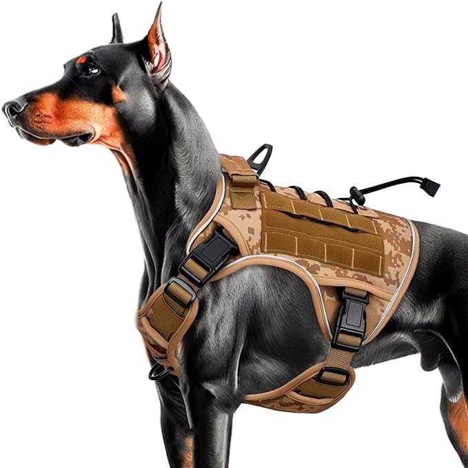Heavy-Duty Tactical Dog Harness for Large Dogs, No Pull Adjustable Reflective Pet Vest with Molle System, K9 Military-Grade Control for Service Training, Outdoor &amp; 10+ Breeds, Khaki Camo, Large