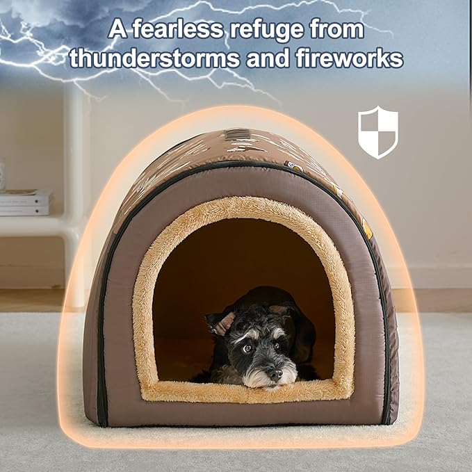 Jiupety Indoor Dog House, 2-in-1 Portable Foldable House Bed with Cover, Pet Tent &amp; Cave Bed for Medium Dogs, XL(29"×21"×20"), Up to 44 Lb, Brown