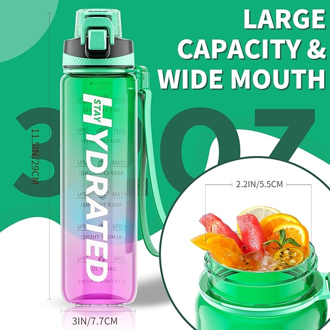 Water Bottle, 32 oz Motivational Water Bottles with Time Marker-Tritan &amp; BPA Free, Sports Water Bottle with Time to Drink &amp; Strap, Wide Mouth, Leakproof -Gift for Christmas Gym Fitness &amp; Outdoor