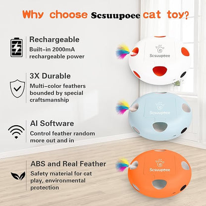 IInteractive Cat Toy, Electric Cat Toys for Moving Concealed Feathers, Smart Sensor 7 Holes Whack a Mole Feather Toy, USB Charge Automatic Kitten Toys,Blue