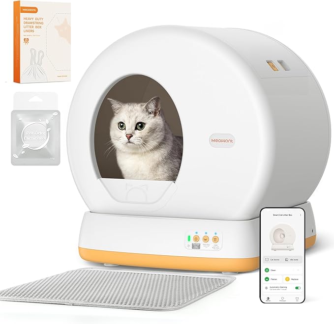 MeoWant Self-Cleaning Cat Litter Box, Advanced Safety System Automatic Cat Litter Box Perfect for Multi Cats, Extra Large/Odor Control/APP Control Smart Cat Litter Box with Mat &amp; Liner, Yellow