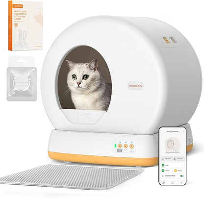 MeoWant Self-Cleaning Cat Litter Box, Advanced Safety System Automatic Cat Litter Box Perfect for Multi Cats, Extra Large/Odor Control/APP Control Smart Cat Litter Box with Mat &amp; Liner, Yellow