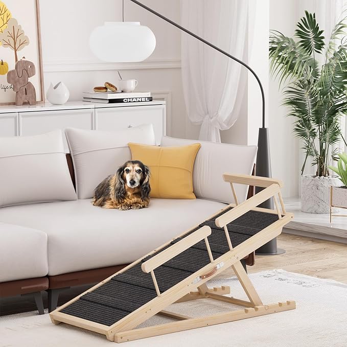 Dog Ramp for High Bed, Couch, Car, Pet Ramps 55.12" Long Adjustable 19.7"-27.6" Wooden Dog Step with High Traction Mat &amp; Safety Side Rails for Small Medium Large Older Pets, up to 250 lbs
