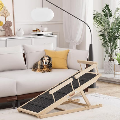Dog Ramp for High Bed, Couch, Car, Pet Ramps 55.12" Long Adjustable 19.7"-27.6" Wooden Dog Step with High Traction Mat &amp; Safety Side Rails for Small Medium Large Older Pets, up to 250 lbs