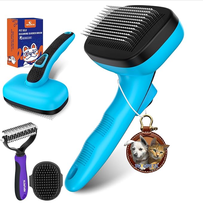 Dog Brush Kit - Self-Cleaning Slicker Brush with Bath Brush &amp; Undercoat Rake | Deshedding Tools for Large - Small Dogs &amp; Cats, Professional 3-in-1 Pet Grooming Set for Heavy Shedding, Blue