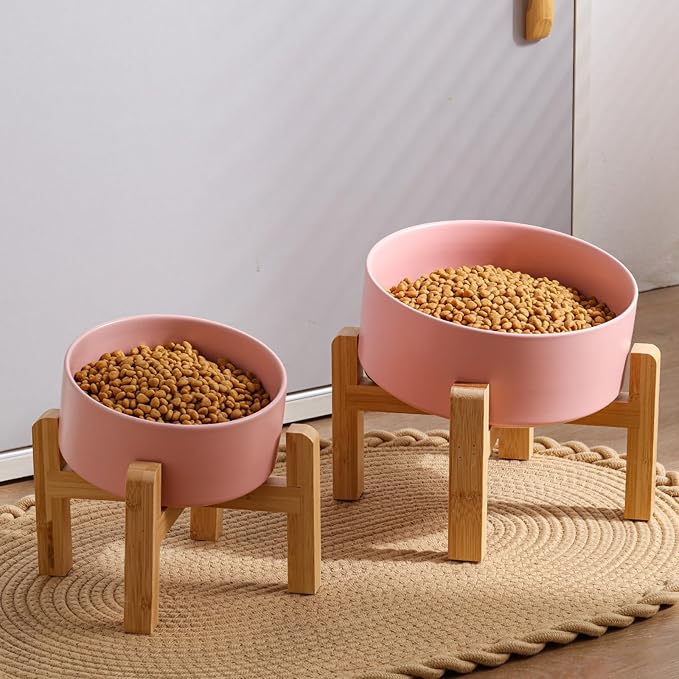 Pink Elevated/Raised 15°Tilted Anti Slip Ceramic Dog Bowl for Medium &amp; Large Breeds,Slanted Bulldog Big Face Pet Food Water Feeding Dish with Stand (7.6 Cups/60OZ)