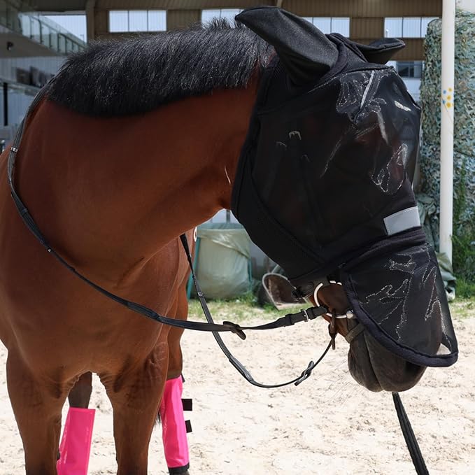 Luminous Horse Fly Mask with Long Nose, Ears, Full Face &amp; Eye Protection - Full Mesh, Detachable Nose Cover, Fleece Padded Edging, Hook-and-Loop Straps with Webbing, Hanging Straps Black