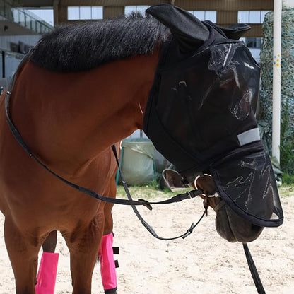 Luminous Horse Fly Mask with Long Nose, Ears, Full Face &amp; Eye Protection - Full Mesh, Detachable Nose Cover, Fleece Padded Edging, Hook-and-Loop Straps with Webbing, Hanging Straps Black