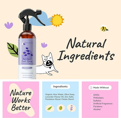 kin+kind Dog Deodorizing Spray - Safe, Natural, &amp; Easy to Use Pet Odor Eliminator, Premium Cat/Dog Detangler Spray Formula Made w/Aloe, Dog Deodorizer for Smelly Dogs/Cats Made in The USA (12 fl oz)