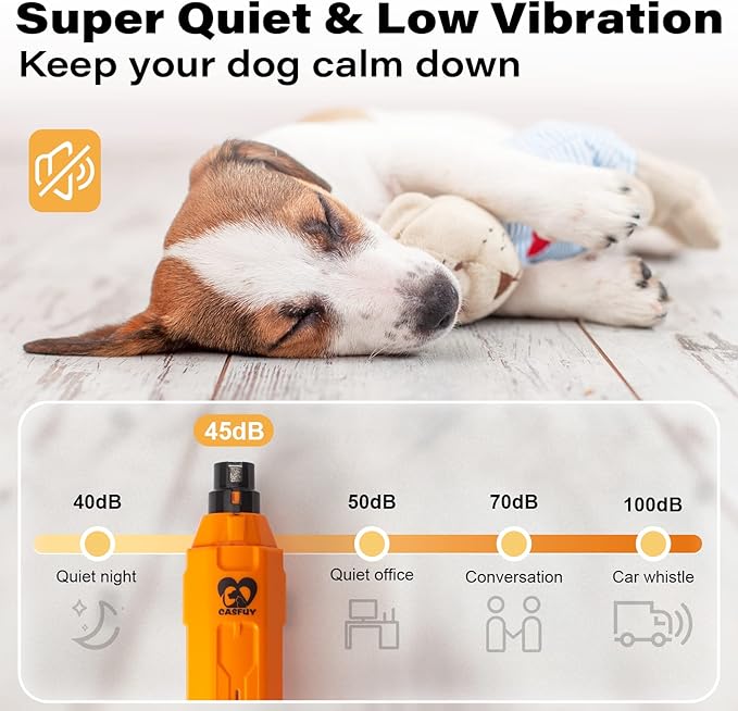 Casfuy 6-Speed Dog Nail Grinder - Newest Enhanced Pet Nail Grinder Super Quiet Rechargeable Electric Dog Nail Trimmer Painless Paws Grooming &amp; Smoothing Tool for Large Medium Small Dogs (Orange)