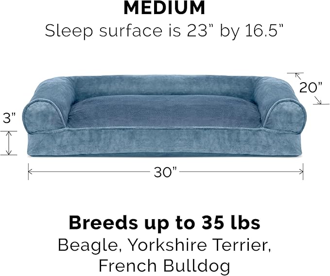 Furhaven Pillow Dog Bed for Medium/Small Dogs w/ Removable Bolsters &amp; Washable Cover - Faux Fur &amp; Velvet Sofa - Harbor Blue, Medium