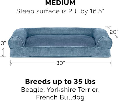 Furhaven Pillow Dog Bed for Medium/Small Dogs w/ Removable Bolsters &amp; Washable Cover - Faux Fur &amp; Velvet Sofa - Harbor Blue, Medium
