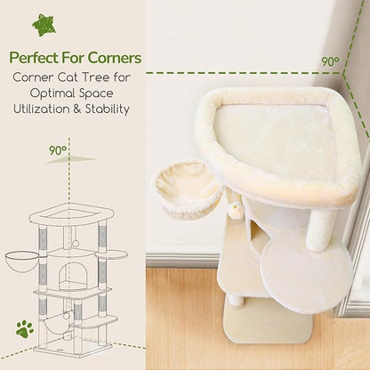 Globlazer Corner Cat Tree, 51in Curved Series Modern Cat Tower for Indoor Cats with Hammock, 7 Sisal Scratching Posts, Large Fan-Shaped Platform for Large Cats, Cat Condo &amp; Hanging Basket, C51, Beige