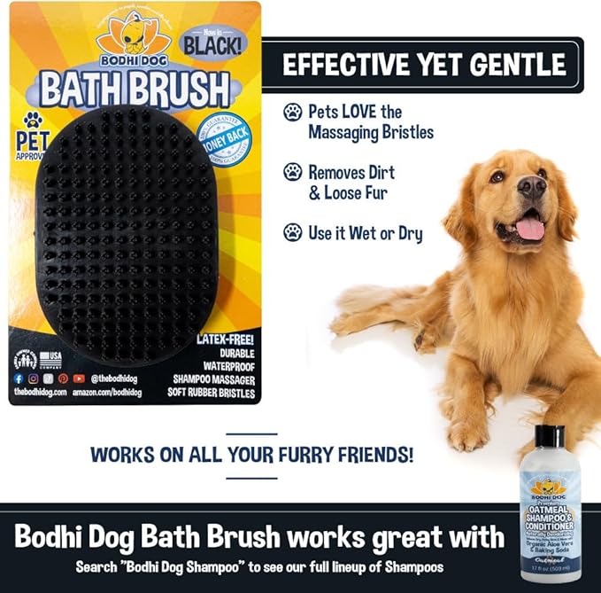 Bodhi Dog Shampoo Brush - Pet Grooming &amp; Bath Supplies for Dogs and Cats - Bath Brush for Long &amp; Short Hair - Premium Scrubber for Shower, Bathing &amp; Massage (One Pack, Black)