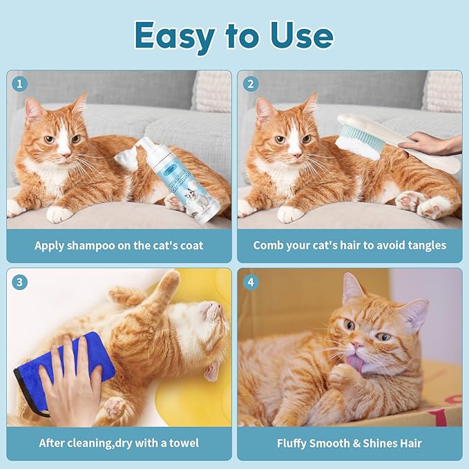 Waterless Cat Shampoo with Brush and Cloth, 6.8 FL OZ Cat Shampoo and Conditioner, Cat Dry Shampoo, No Rinse Formula for Quick Clean, Care for Cats and Kittens with Itching &amp; Sensitive Skin
