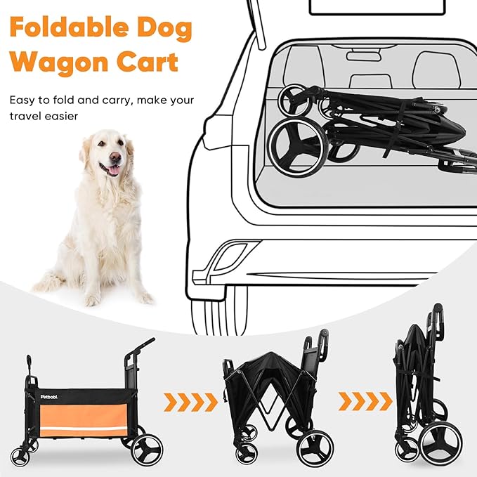 Petbobi Dog Wagon Stroller for Large &amp; Medium Dogs - 2-in-1 Push-Pull Pet Stroller with Ramp, Foldable All Terrain Wagon Cart, One-Step Brake, Suitable for Outdoor Walks &amp; Camping, Orange