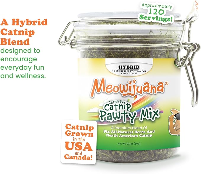 Meowijuana Catnibas Catnip Pawty Mix Jar | Premium Cat Nip for Cats with Silvervine, Passion Flower, Chamomile, Dandelion &amp; Valerian Root | High Potency Catnip | 60g