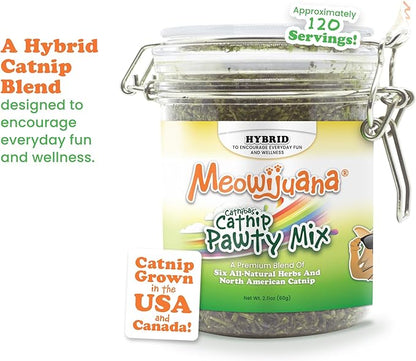 Meowijuana Catnibas Catnip Pawty Mix Jar | Premium Cat Nip for Cats with Silvervine, Passion Flower, Chamomile, Dandelion &amp; Valerian Root | High Potency Catnip | 60g