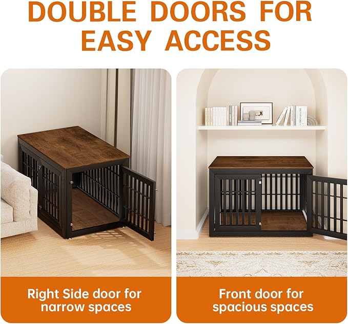48" Heavy Duty Dog Crate Furniture for Small,Medium and Large Dogs,Rustic Wooden Dog Cage Kennel Indoor Furniture with Waterproof Top,Decorative Pet House Side End Table (Black &amp; Wood)