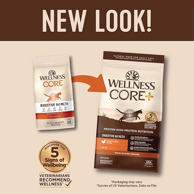 Wellness CORE+ Adult Dry Cat Food for Indoor and Outdoor Cats, Wholesome Grains, Natural, Digestive Health Chicken &amp; Rice (11 Pound Bag)