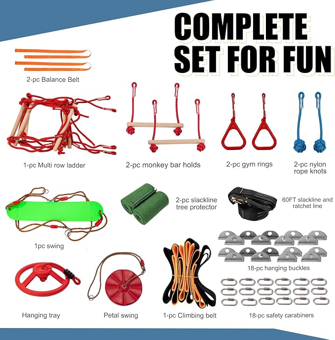Slsy 60FT Ninja Warrior Obstacle Course (13 Obstacles), Ninja Slackline Kit for Kids, Durable Playset Equipment with 13 Most Complete Set-Monkey Bar,Swing, Balance Belt, Climbing Ladder &amp; Net