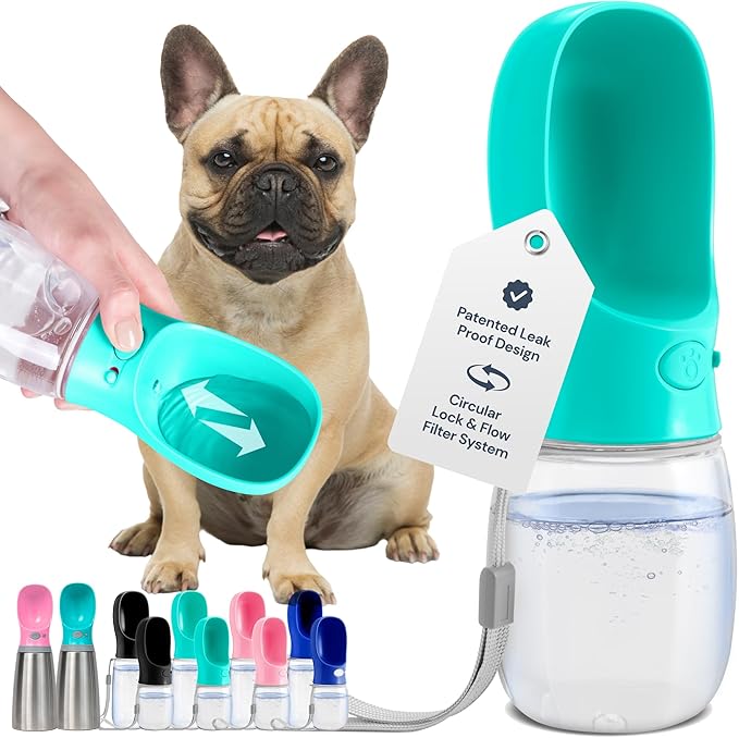MalsiPree Leak Proof Portable Dog Water Bottle &amp; Dog Travel Water Bottle Dispenser with Bowl - 12 oz, Blue - Food Grade Plastic- Puppy Essentials - Pet Travel Portable Doggy Bowl