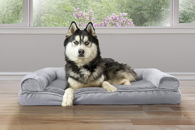 Furhaven Cooling Gel Dog Bed for Large Dogs w/ Removable Bolsters &amp; Washable Cover, For Dogs Up to 95 lbs - Plush &amp; Suede Sofa - Gray, Jumbo/XL