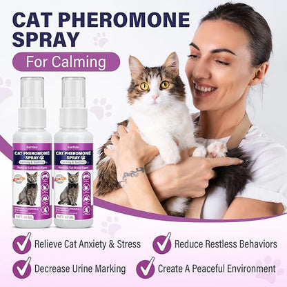 Cat Calming Pheromone Spray, 2 Pack, Calming Spray for Cat Anxiety Relief, Reduce Stress, Hiding &amp; Scratching Furniture - During Travel, Fireworks, Thunder, 60 ML