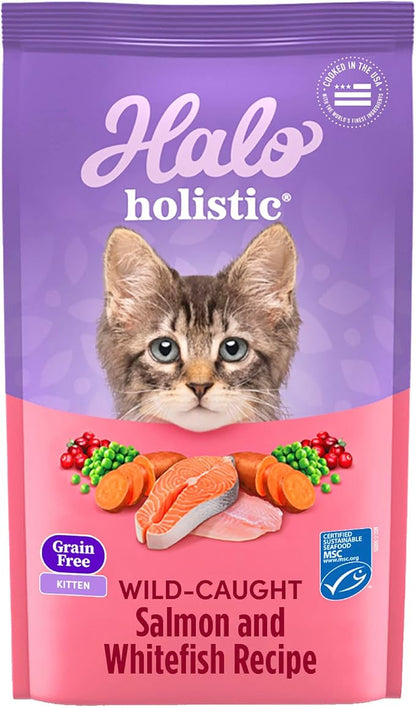 Halo Holistic Kitten Food, Wild Caught Salmon &amp; Whitefish Recipe, Grain Free Dry Cat Food, Complete Digestive Health, 10 lb Bag