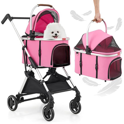 MoNiBloom Pet Stroller for Small/Medium Dogs w/Detachable Carrier &amp; Lightweight Aluminum Frame, Folding Jogging Travel Stroller, Pink