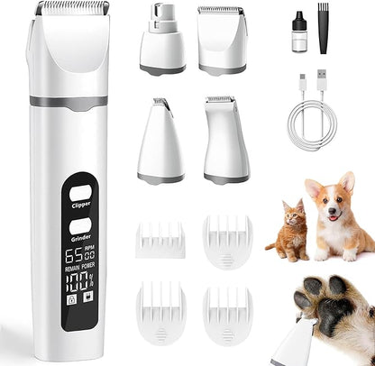4 in 1 Dog Clippers Grooming Kit with LED Screen, Cordless Quiet Paw Trimmer &amp; Nail Grinder, Rechargeable Waterproof Feet Ear Body Hair Shaver for Cats Dogs Pet Supplies