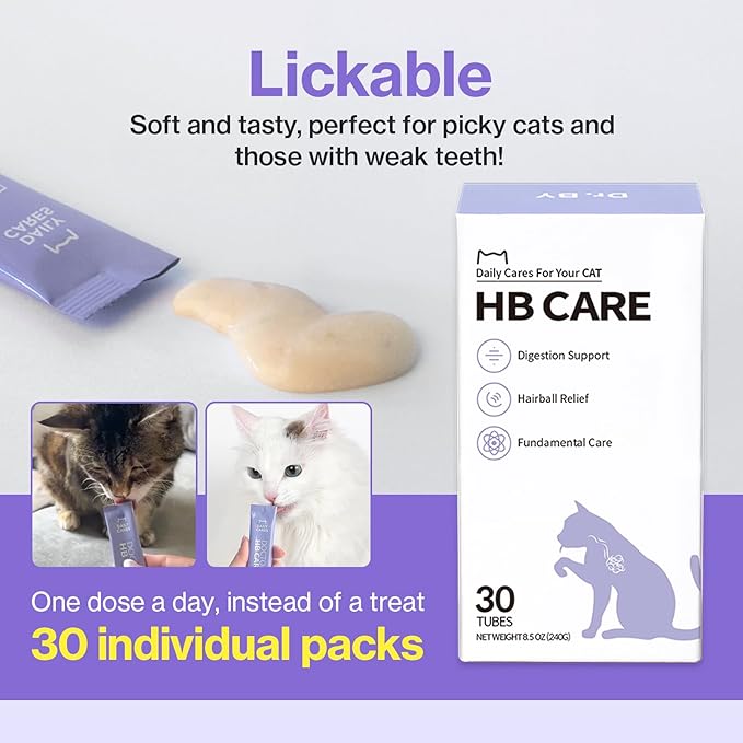 Dr.by HB Care Hairball Supplement for Cats– Hairball Relief Furball Control Remedy &amp; Digestive Support Supplements with Omega-3, Chitosan-30 Individuallly Packaged (1 Pack, 30 Count)