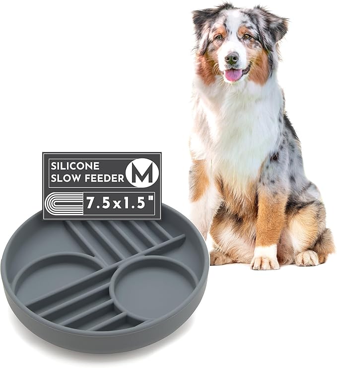The Slowdown Bowl Silicone Slow Feeder for Dogs &amp; Puppies, Slow Eating Modern Lick Mat Design, Reduces Gulping, Fits 2 Cups 7.5” Across x 1.5” Tall, Mealtime Challenge, Medium-Charcoal