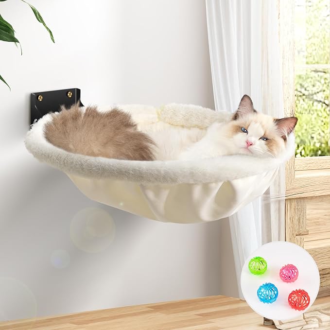 Cat Hammock Wall Mounted, Foldable &amp; Stable Cat Beds- Breathable Cats Wall Shelves for Sleeping, Playing, Climbing, and Lounging - Maximum Hold Up to 30lb（Cream,Faux Rabbit Fur）